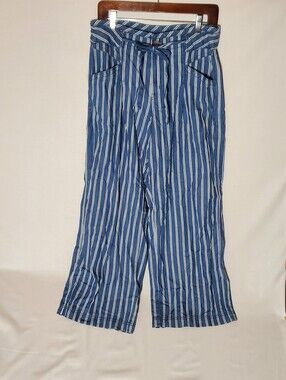 American Eagle Blue and White Striped Wide Leg Pants Tie Belt Nautical Coastal 8